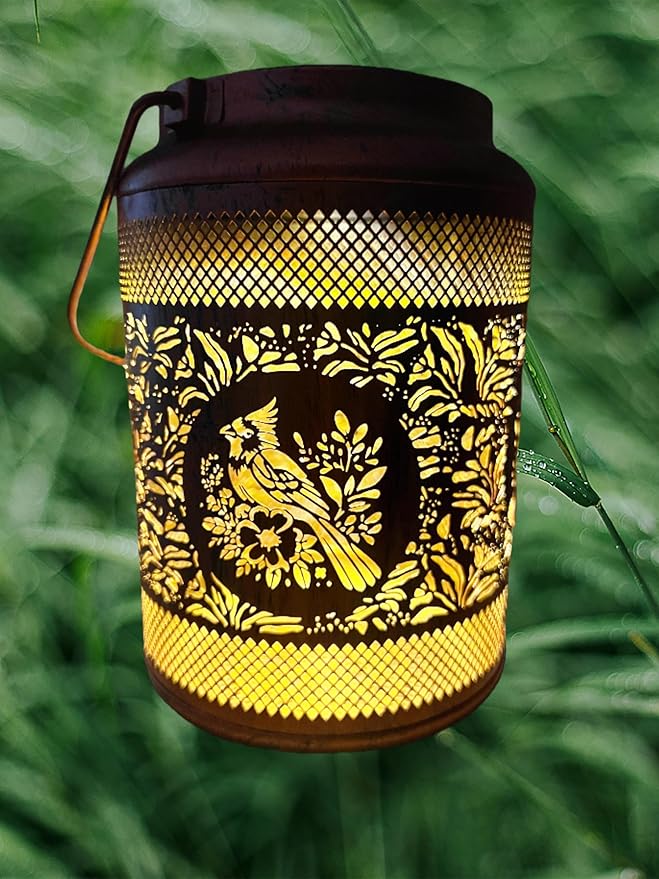 Solar Lantern with Hollow Metal Design, Garden Hanging Light, Copper Color for Outdoor Yard,Patio,Garden Decor (1)