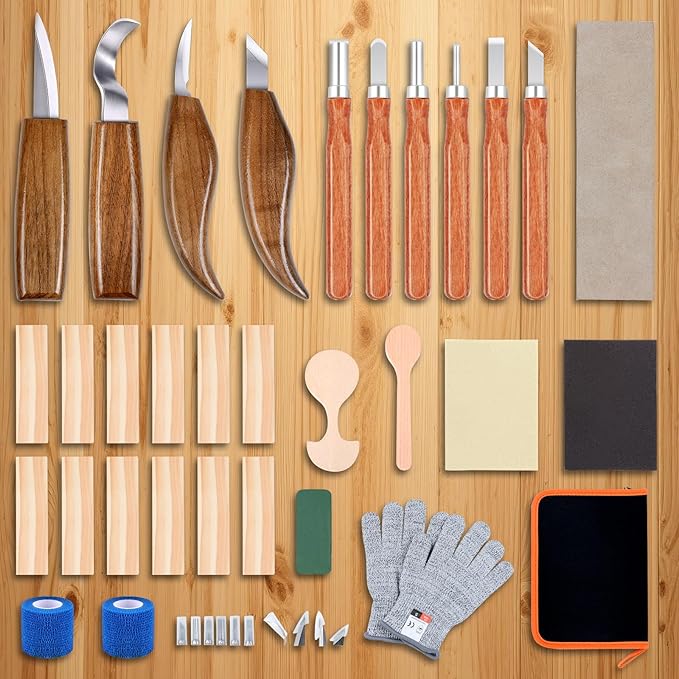 Ninonly 42pcs Wood Carving Tools Kit, Wood Whittling Knife Set for Beginners, Wood Carving Knife Set with 12 Basswood Blocks, Woodworking Kit DIY Hobbies for Adults Spoon Bowl Kuksa Cup