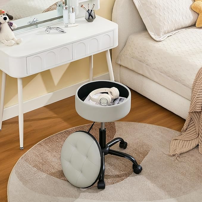 Rolling Chair (Stool & Small Table in One) (Adjustable Height Leather Pedicure Chair 20.67"-24.61"), Gray Tattoo Stool with Storage