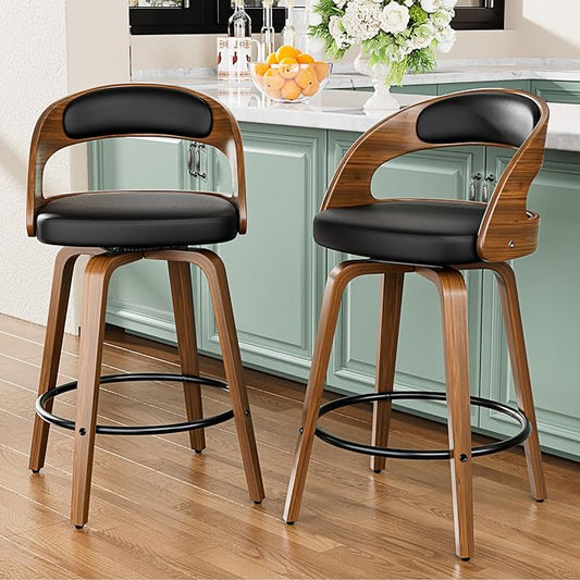 Bar Stools Set of 2, 26" Swivel Counter Height Bar Stools with Bentwood Legs and Back, Mid Century Modern Faux Leather Upholstered Counter Stools for Kitchen Island, Bar, Restaurant, Black