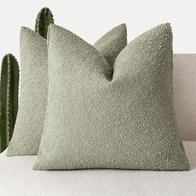 Foindtower Pack of 2 Textured Boucle Throw Pillow Covers Accent Solid Pillow Cases Cozy Soft Decorative Couch Cushion Case for Chair Sofa Bedroom Living Room Home Decor 18x18 Inch Dirty Sage Green