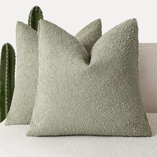 Foindtower Set of 2, Decorative Textured Boucle Throw Pillow Covers Accent Solid Pillow Cases Neutral Soft Couch Cushion Case for Chair Sofa Bedroom Living Room Home Decor 24x24Inch Dirty Sage Green