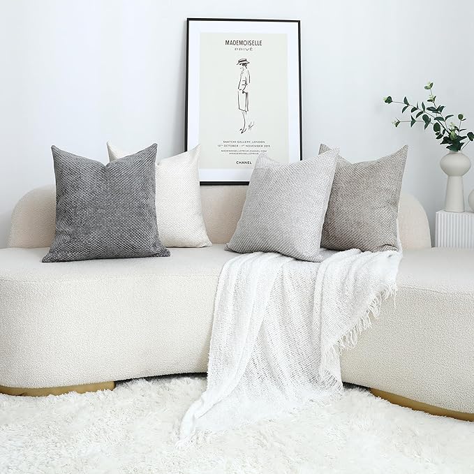 Stellhome Pack of 2 Woven Textured Decorative Throw Pillow Covers Soft Chenille Accent Luxury Cushion Cases for Living Room Couch Bed Sofa Farmhouse Boho Home, 16x16 inch, Grey