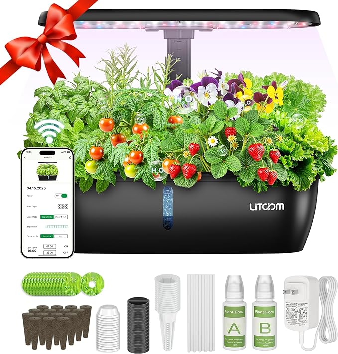 litokam Smart Hydroponics Growing System Kit with APP&WiFi Controlled, 15-Pod Indoor Herb Garden Planter with 2 Grow Modes, 24W Growing LED, Pump System, 24H Timer, Indoor Garden for Home
