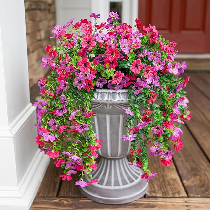 Artificial Faux Hanging Flowers Plants for Outdoor Decor, 2 PCS Outside Fake Silk Violets with Eucalyptus UV Resistant Realistic Daisy Trailing Vines for Planter Balcony Porch Patio Yard, Purplepink