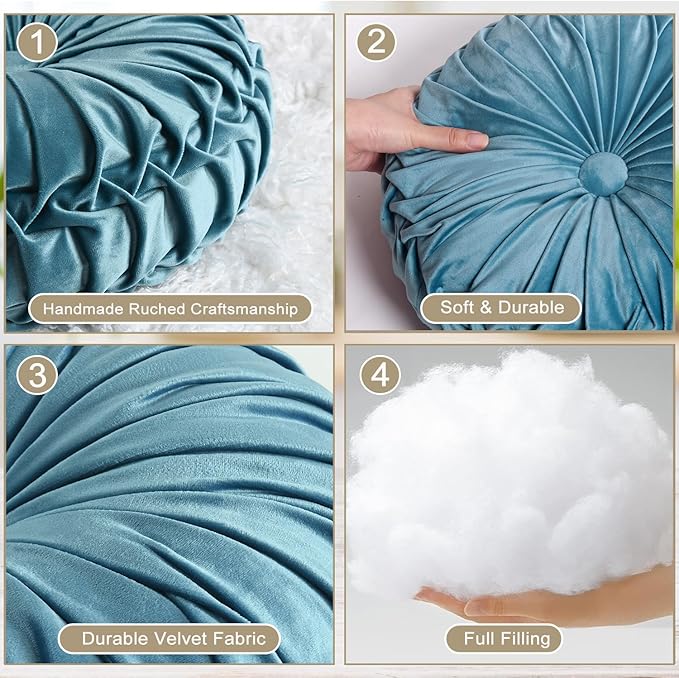 HIG Set of 2 Dusty Blue Ruched Velvet Round Throw Pillows – 14.5’’ Decorative Pillows with Soft Polyester Filling for Couch, Bed, Living Room, Bedroom, or Dorm – Handmade, Stress Relieving, All-Season
