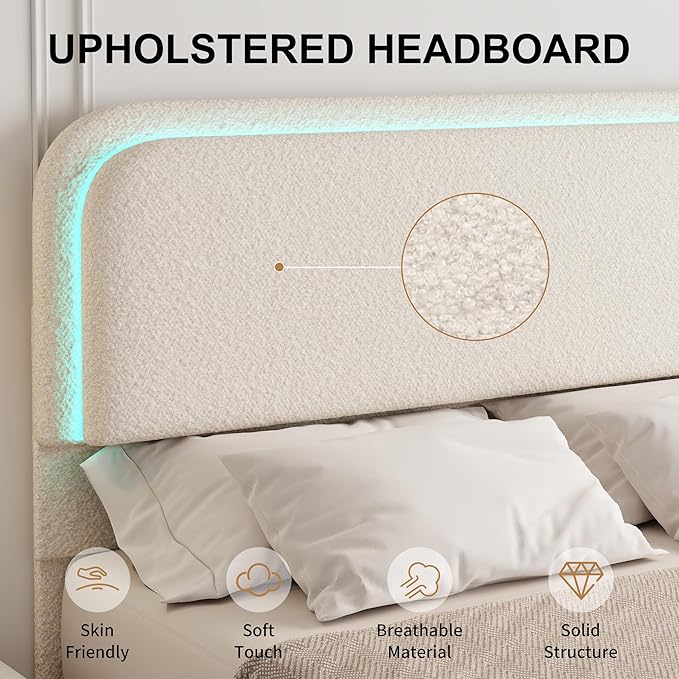King Bed Frame, Teddy Fleece Upholstered Beds with Thickened Rounded Corners, Modern Curved Shaped Cloud Bedframe with Headboard Footboard LED Lights, No Box Spring Needed, Cream