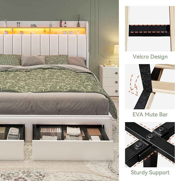 Torana Full LED Bed Frame with 2 Drawers, PU Leather Upholstered Storage Wingback Headboard Beds, Channel Tufted Platform Bedframe with Rivet Decor, No Box Spring Needed, White