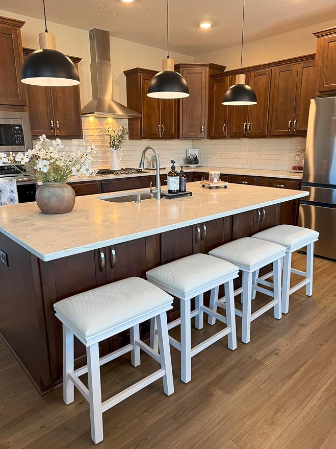 PHI VILLA White Bar Stools Set of 4 - Solid Wood Legs Counter Height Barstools, 24 inch Kitchen Counter Island Stools