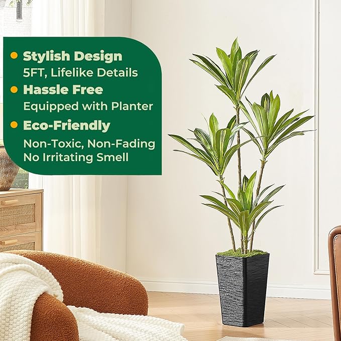 5FT Artificial Dracaena Tree with Black Planter and Fake Moss - Real Touch Fake Plant for Home & Office Decor, Faux Yucca Indoor Floor Tree, Low Maintenance, Non-Fading Silk Plants