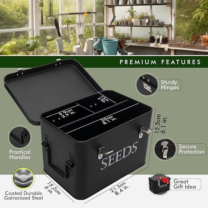 Garden Seed Storage Box with Dividers Seeds Packet Organizer Case for Gardening 3 Inner Slot Bird Plant or Vegetable Seed Container Saver Tin – Black Galvanized Metal with Envelopes & Labels