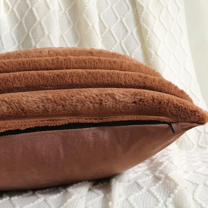 FUTEI Brown Striped Decorative Throw Pillow Covers 16x16 Inch Set of 2,Square Fall Decorations Couch Pillow Case,Soft Cozy Faux Rabbit Fur & Velvet Back,Modern Home Decor for Bed