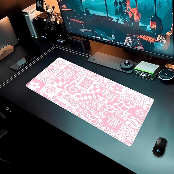 Pink Boho Desk Pad XL Large Gaming Mouse Pad Retro Hippie Boho Desk Mat with Stitched Edges, Non-Slip Rubber Base Mousepad Computer Laptop Keyboard Mouse Mat Desktop Protector Pad 31.5x11.8 in