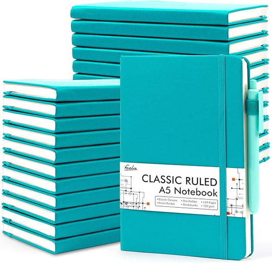 24 Pack Journal Notebook for Work, Feela Business Notebook Bulk Hardcover Lined Writing Journal with Pen Holder for Men Women Note Taking, with 24 Black Pens, 120 GSM, 5.1”x8.3”, A5, Emerald