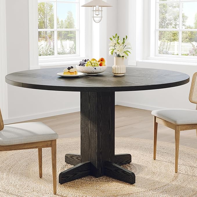 Garvee Round Dining Room Table for 4-6, 47" Wood Kitchen Table with Sturdy Pedestal Base, Farmhouse Circle Dinner Tables for Living Room, Apartment, Black