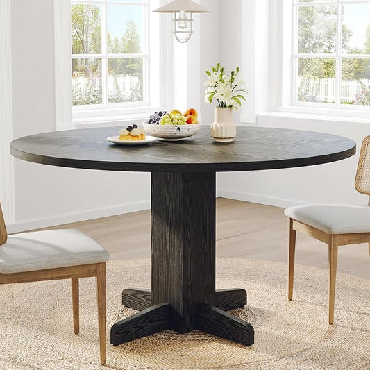 Garvee Round Dining Room Table for 4-6, 47" Wood Kitchen Table with Sturdy Pedestal Base, Farmhouse Circle Dinner Tables for Living Room, Apartment, Black