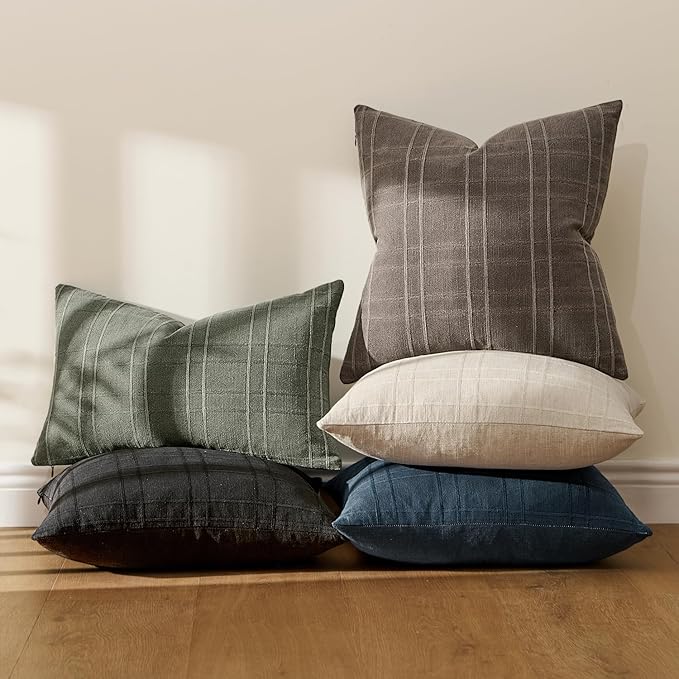 MIULEE Decorative Linen Check Throw Pillow Covers Neutral Farmhouse Vintage Pillow Covers 20x20 Set of 2 Boho Modern Winter Home Decor for Sofa Couch Bedroom Cushion Brown