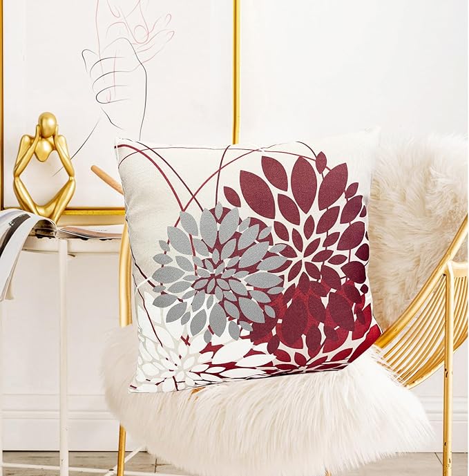 Wine Red Decorative Throw Pillow Covers 18x18 Inch Pillow Covers for Couch Living Room Bedroom Outdoor.Modern Sofa Throw Pillow Cover.Farmhouse Geometric Floral Linen Square Pillow Case.Set of 2