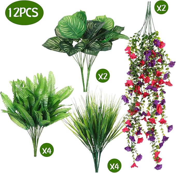 12 Pcs Artificial Greenery for Outdoor UV Resistant Fake Flowers and Greeneries Plastic Hanging Plants for Window Box Spring Summer Garden Patio Porch Yard Decoration(Bright Color)