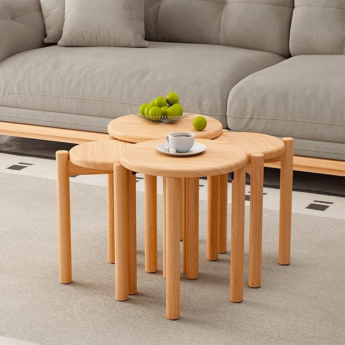 Stackable Stools Set of 4 Wooden Stools 18 Inch Stool Nesting Side Tables Nesting Coffe Table Sturdy and Durable,No Installation Required,Top Stackable Stool for Saving Space(Natural Bar stools)