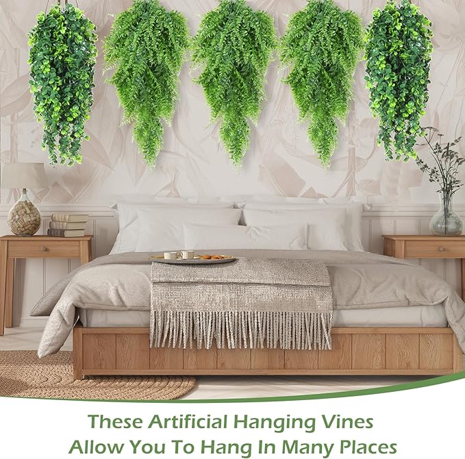 Hoteam 12 Pcs Artificial Hanging Plants 32 Inch Fake Ivy Vines with Fake Leaves Patio Artificial Plants Greenery for Living Room Indoor Outdoor Wall, No Basket (Eucalyptus,Persian Grass)