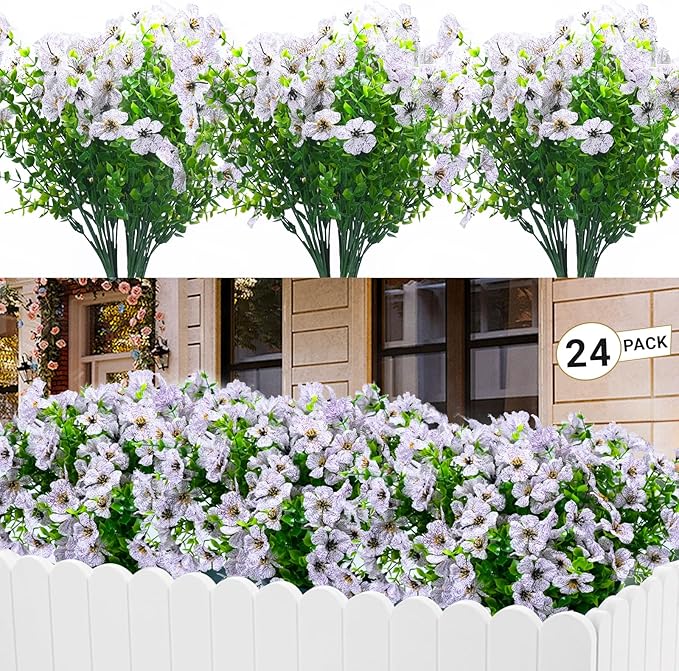 24 Bundles Artificial Flowers for Outdoors & Indoors – UV Resistant Faux Plastic Plants for Garden, Patio, Porch, Window Box, Home Decor – Lush & Vibrant Fake Flowers, White