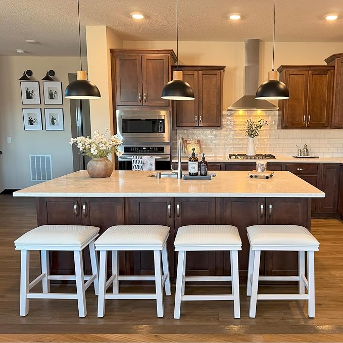 PHI VILLA Bar Stools Set of 2 - Solid Wood Legs Counter Height Barstools with Upholstered Saddle Seat, 24 inch Kitchen Counter Island Stools