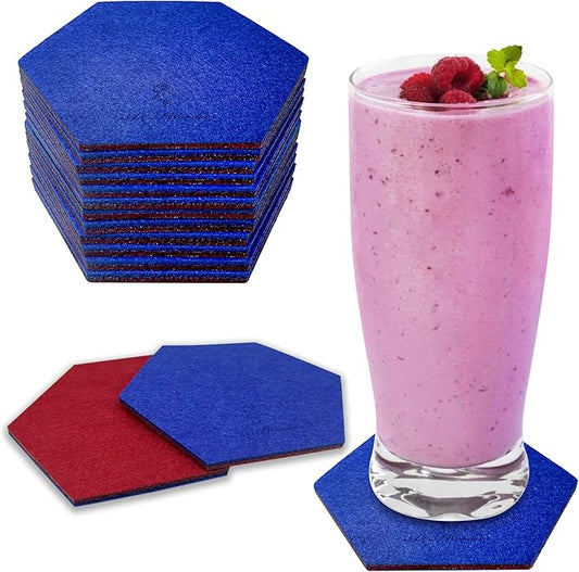 A&A Wonders Premium Felt Coasters for Drink, Two-Tone Reversible, Absorbent Felt Protects Furniture, Table, Anti Slip, Suitable for Drinks & All Table Types (Wine Red/Royal Blue, Hexagon 12 Pack)