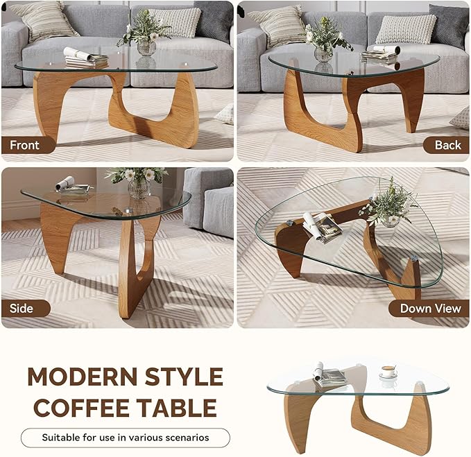Modern Glass Coffee Table, Triangle Center Table with Tempered Glass Top& Unique Wooden Base, 42.5” Mid Century Tea Tables for Living Room, Apartment, Office,Wood &Transparent