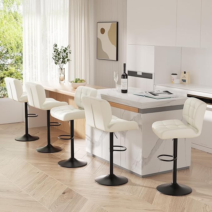 Modern Bar Stools Set of 3, Faux Leather Upholstered Swivel Bar Stools, Adjustable Counter Height Bar Chairs with High Back and Footrest for Kitchen Island (Beige)