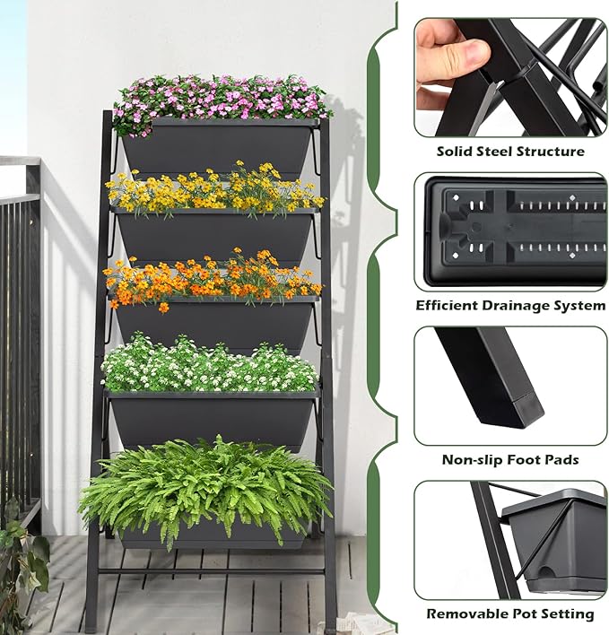 COSTWAY Vertical Raised Garden Bed, 5 Tier Planter Box with Drainage Holes for Vegetables, Grass, Flowers, Freestanding Garden Planter Indoor Outdoor, Patio, Balcony, Greenhouse