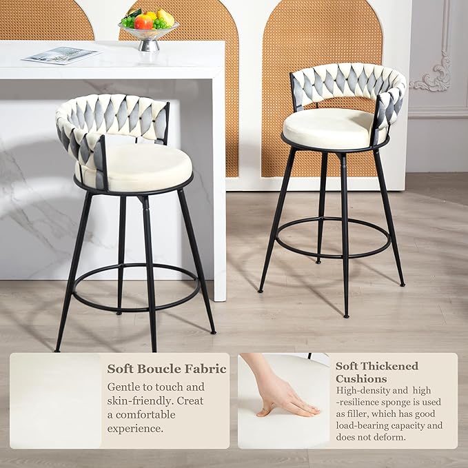 Counter Height Bar Stools Set of 3, 28 Inch Bar Stool with Metal Legs, 360° Swivel Barstools with Woven Back Leather Upholstered, Modern Chair for Kitchen Island, Cafe
