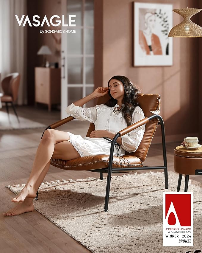 VASAGLE EKHO Collection - Accent Chair, Metal Framed Armchair, Synthetic Leather with Stitching, Mid-Century Modern, Sling Chair for Living, Bedroom, Reading Room, Lounge, Caramel Brown ULAC014K01