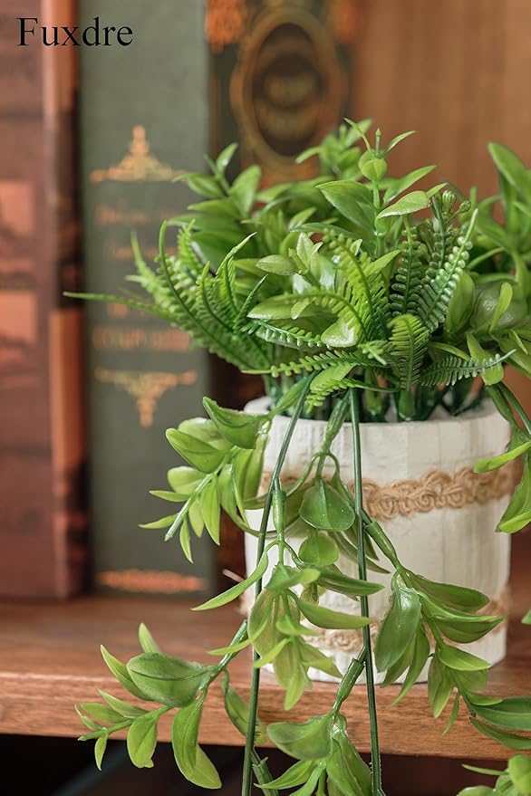 Fake Hanging Plants, 2pcs Artificial Potted Greenery Faux Eucalyptus Vine Fern and String of Pearls in Pot for Home Room Wall Shelf Patio Garden Indoor Outdoor Decor