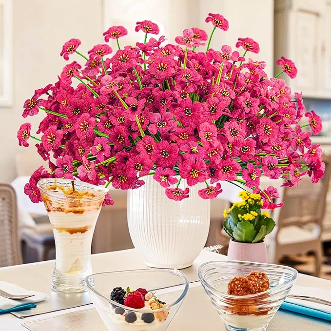 Krissing 48 Bundles Outdoor Artificial Flowers UV Resistant Fake Silk Flowers Faux Plastic Plants Outside Garden Porch Window Box Summer Decoration (Rose Red)