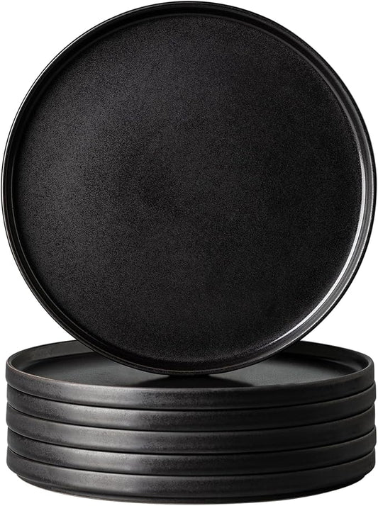 AmorArc Ceramic Dinner Salad Plates Set of 6, 8.5 Inch Reactive Matte Glaze Dish Set, Dessert,Salad, Appetizer, Small Dinner Plate,Microwave, Dishwasher Safe, Scratch Resistant, Matte Black