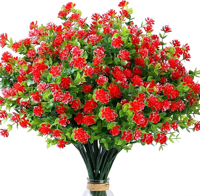 SITUMEIZI 8 Bundles Red Artificial Flowers Outdoor Fake Flower Plastic UV Resistant Shrubs Greenery Plants Hanging Decorations Garden Porch Window Box Farmhouse Outside Summer Indoor Decor