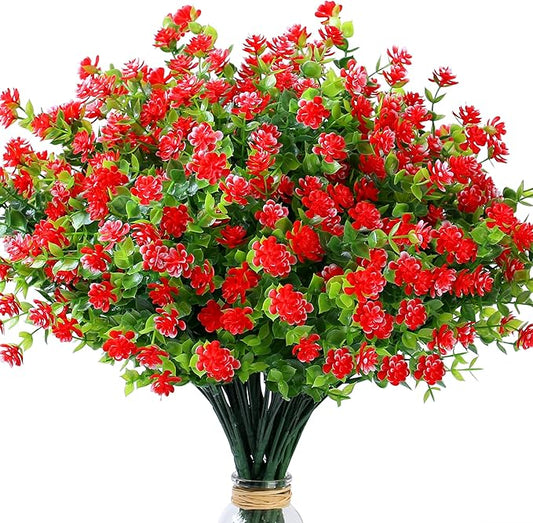 SITUMEIZI 8 Bundles Red Artificial Flowers Outdoor Fake Flower Plastic UV Resistant Shrubs Greenery Plants Hanging Decorations Garden Porch Window Box Farmhouse Outside Summer Indoor Decor