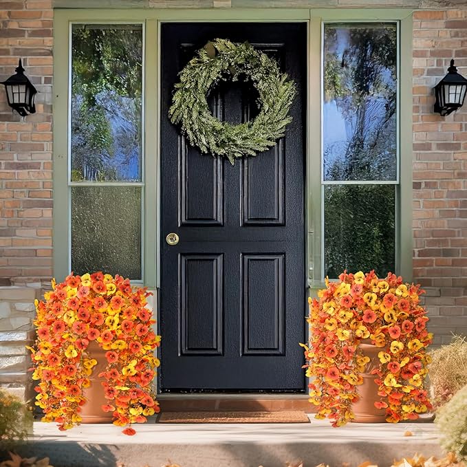 Artificial Fall Flowers for Outdoor, 4 Pcs Faux Pansy Fake Mums Plant Hanging Flowers Outdoor Fall Decor, UV Resistant No Fade Silk Flower for Front Door Porch Planter Patio Yard Garden(Orange Golden)