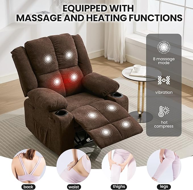 Manual Recliner Chair with Heating & Massage,Ergonomic Overstuffed Breathable Fabric Reclining Chair with Side Pockets,Q235 Steel Frame Lazy Boy Recliner Single Sofa for Living Room Bedroom