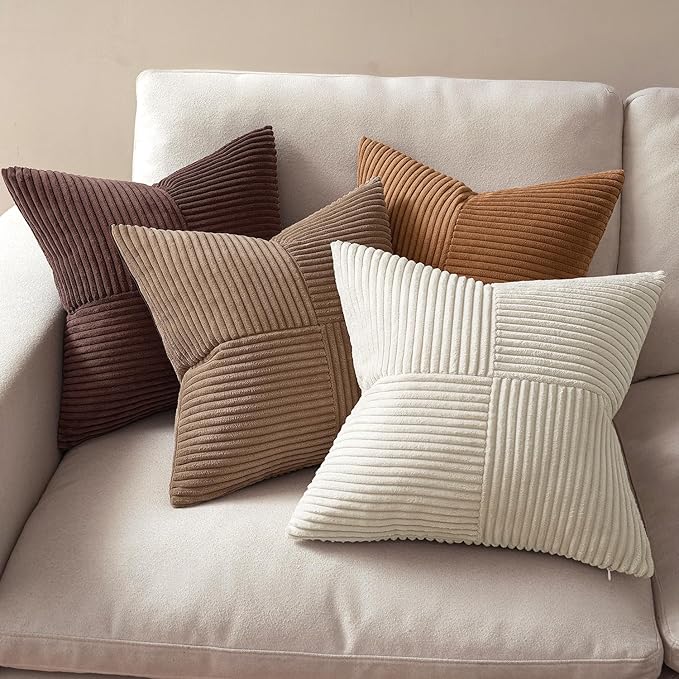 MIULEE Brown Throw Pillow Covers 18x18 Inch Set of 4 Boho Farmhouse Cushion Cases Neutral Gradient Corduroy Pillow Cases with Invisible Zipper Patchwork Home Decor for Couch Sofa Bed