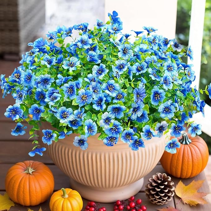 Artificial Flowers for Outdoor Indoor Garden Home Decoration, Faux Flower Daisy with Eucalyptus Leaves Fake Plants Greenery Boxwood Porch Patio, 12 Bundles (Blue)