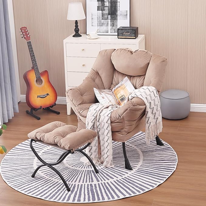 Lazy Chair and Ottoman, Large Accent Lounge Chair with Armrests and a Side Pocket, Modern Leisure Upholstered Sofa Reading Armchair with Footrest for Bedroom, Living Room, Dorm Rooms, Office