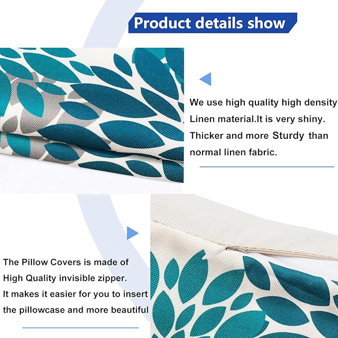 Decorative Throw Pillow Covers Set of 2 Teal Blue Pillow Covers 22x22 Inch Couch Pillow Covers for Sofa Living Room Outdoor Throw Pillow Cover Linen Floral Flower Farmhouse Pillowcase
