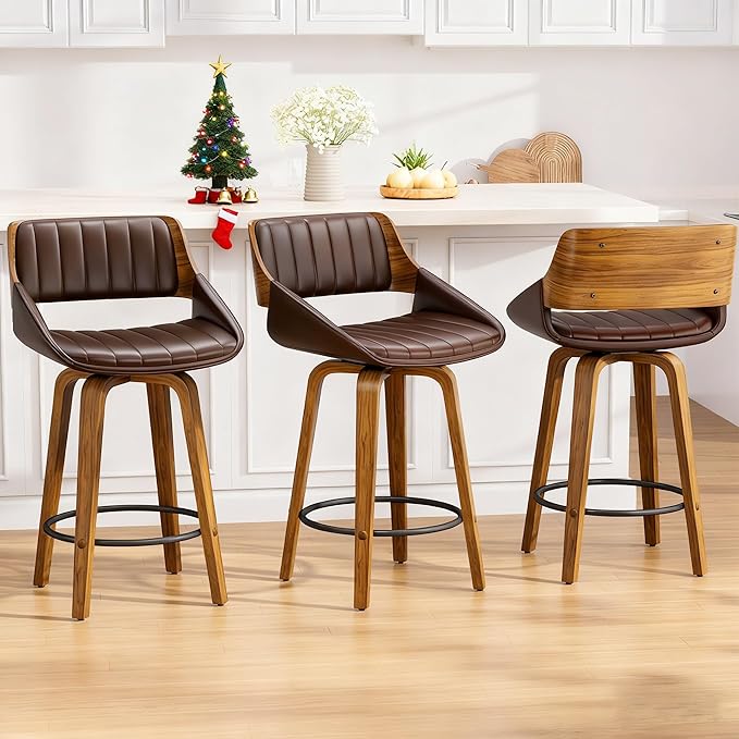 Bar Stools Set of 1, 26" Swivel Counter Height Barstools with Walnut Bentwood Back and Legs, Mid-Century Modern Faux Leather Upholstered Bar Chairs with footrest for Bar, Kitchen Island, café, Brown