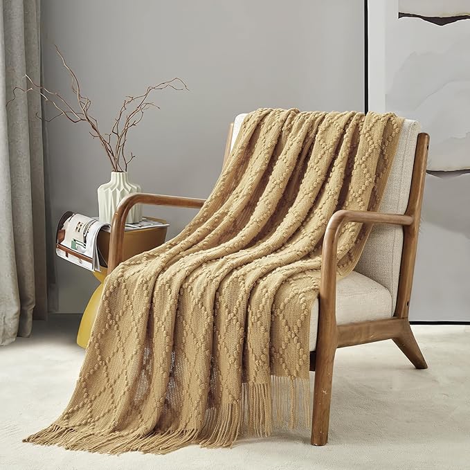 BOURINA Mustard Throw Blanket 50 x70 Inches Jacquard Argyle Throw Textured Solid Soft Throws and Blankets for Sofa or Bed Knitted Decorative Blanket