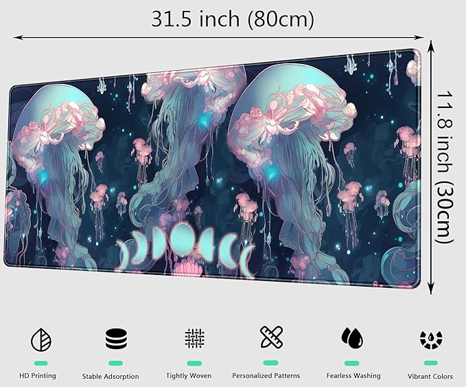 DCJJM Anime Desk Mat Jellyfish Neon Blue XL Mouse Pad Gaming Ocean Moon Computer Keyboard Pad 80 x 30cm Women Desk Protector with Stitched Edges