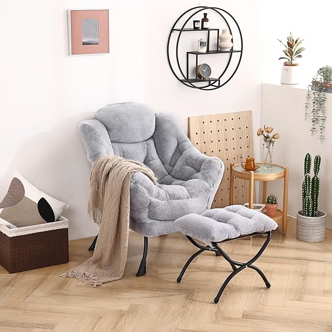 Welnow Lazy Chair with Ottoman, Modern Lounge Accent Chair with Armrests and a Side Pocket, Leisure Sofa Armchair, Reading Armchair with Footrest for Small Space, Plush Grey