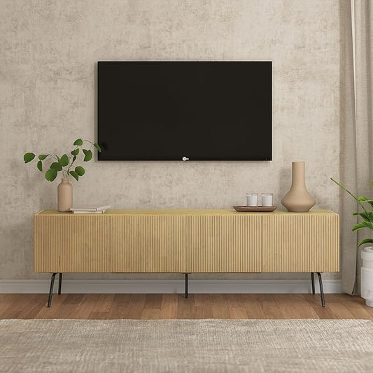 NTC Veil TV Stand with 4 Doors for TVs up to 75’’, Media Console with Vertical Groove Design and Metal Legs, Modern Entertainment Center for Living Room and Bedroom, Effortless Assembly, Sand