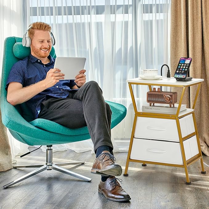 Nightstand with Charging Station, Side Tables for Bedroom with Built-in USB Side Table with 2 USB Ports and Outlets Nightstand with Cloth Drawer End Tables Living Room Sofa Couch